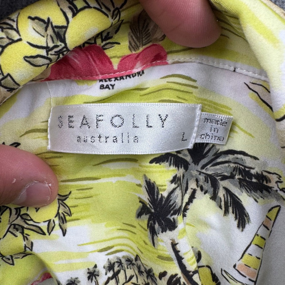 Seafolly Australia Womans Large Yellow Tropical Island Map Viscose Camp Shirt